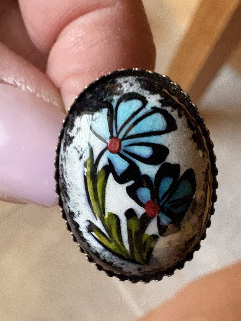 Vintage Hand Painted Floral Statement Ring Blue Flowers Enamel Adjustable Boho
